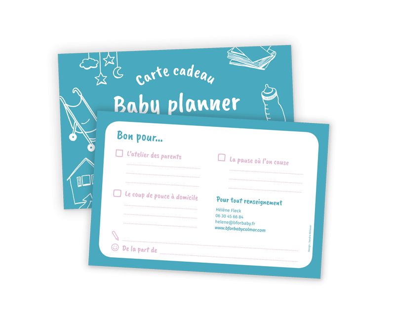 Il s'agit d'une présentation du verso de la carte cadeau Baby planner, avec des ateliers à cocher, et les coordonnées pour contacter Hélène Fleck.