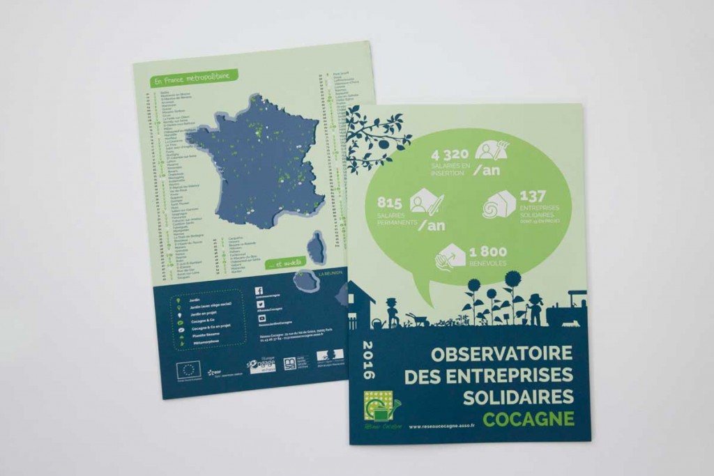 Première et dernière page de la plaquette de communication "Observatoire des entreprises solidaires" du Réseau Cocagne.