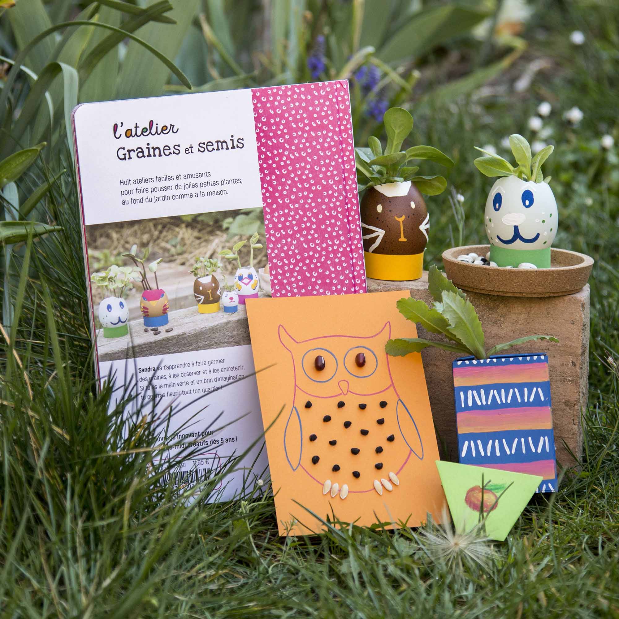 Aperçu de la 4e de couverture du livre jeunesse L'atelier Graines et semis, parmi les plantes du jardin et les exemples de bricolages créatifs