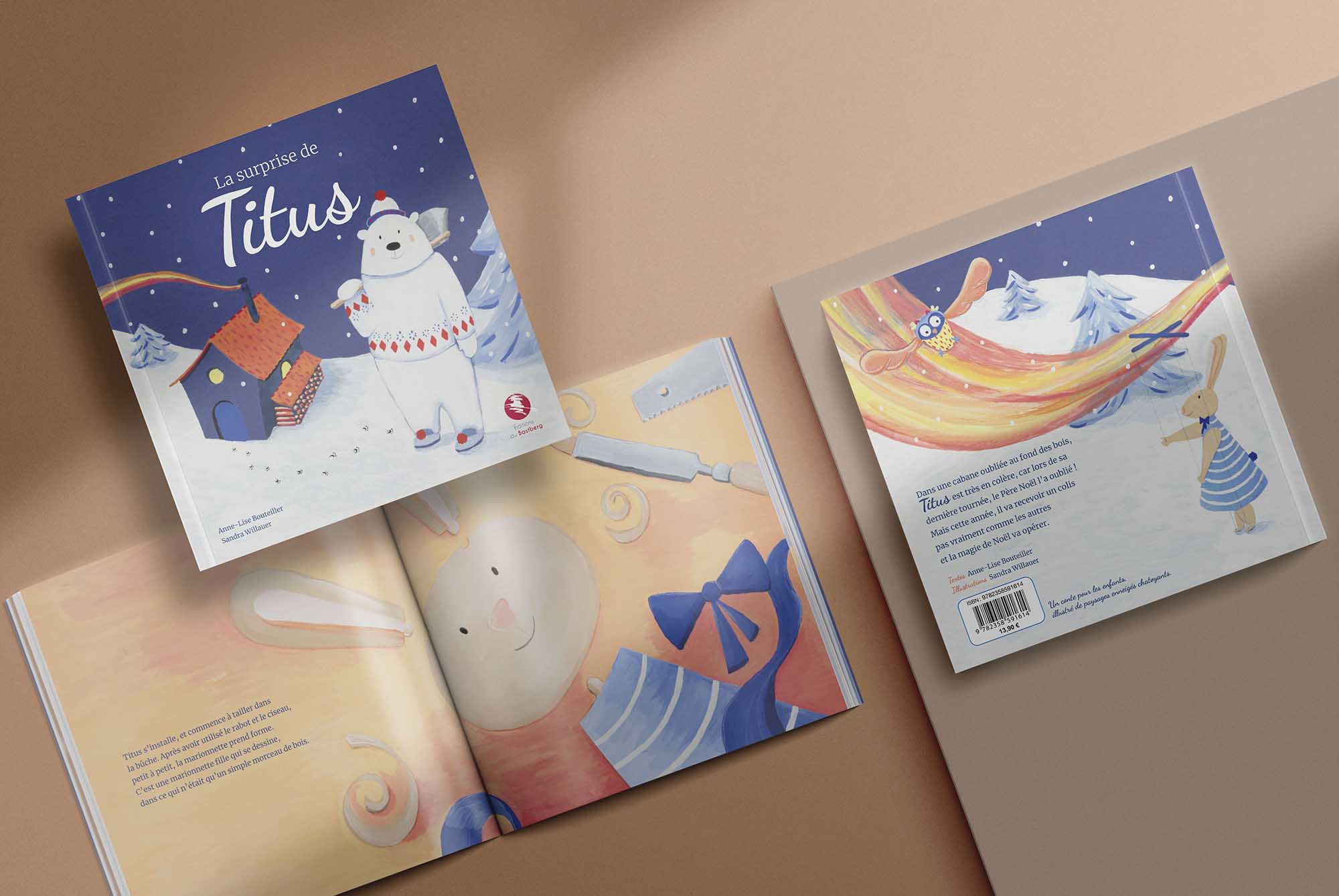 aperçu de l'album illustré La surprise de Titus, éditions du Bastberg, avec un personnage ours polaire, et des illustrations à la gouache
