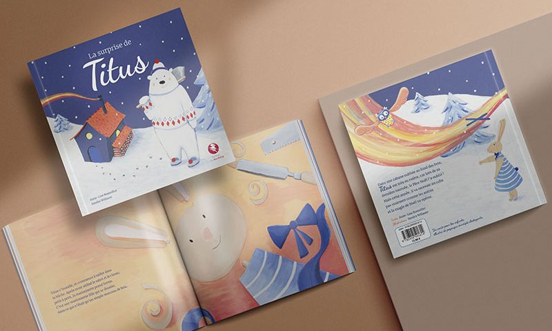 aperçu de l'album illustré La surprise de Titus, éditions du Bastberg, avec un personnage ours polaire, et des illustrations à la gouache