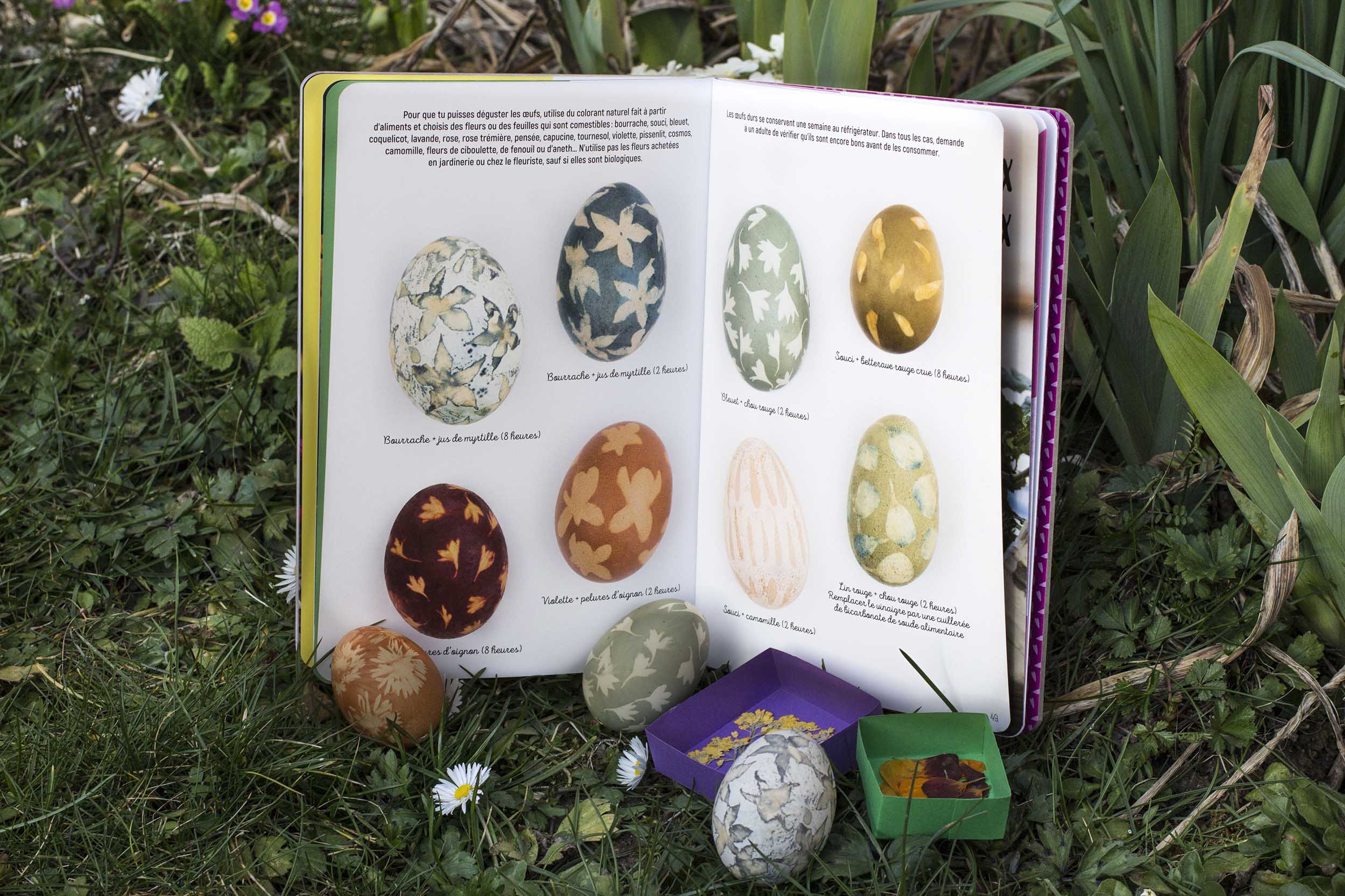 Livre L'Atelier fleurs séchées ouvert à la page des oeufs bariolés : série d'oeufs colorés, teints avec des motifs végétaux
